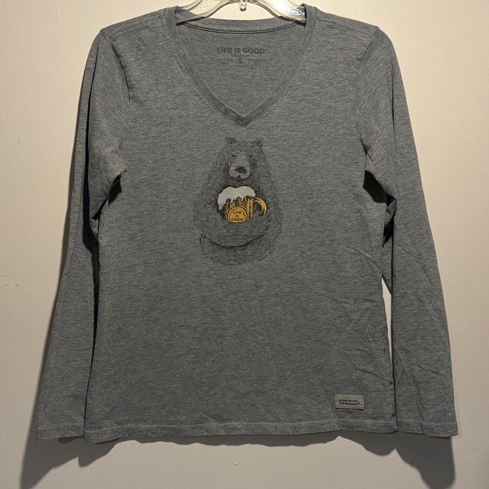Life is Good- Beer Hug Bear Graphic Grey Long Sleeved Crusher Tee- Size Small